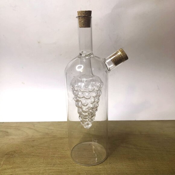 Unmarked Other - 2 Spout Clear Glass Cruet with Grape Cluster Inside Oil and Vinegar 8 Inches